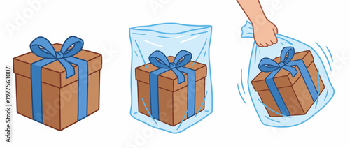 A vibrant illustration shows a brown gift box in a transparent bag, tied with a blue ribbon, symbolizing celebration, surprise, and the joy of giving in a visually appealing style.