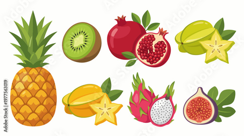 An assortment of vibrant tropical fruits including pineapple and dragon fruit showcases freshness and health in this bright illustration, symbolizing nature's abundance and vitality.