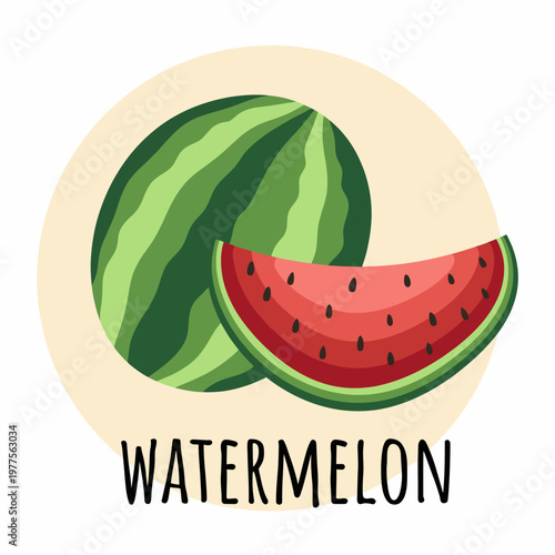 This appetizing vector graphic showcases a whole watermelon alongside a juicy slice, highlighting the refreshing nature of this beloved summer fruit in a playful style.