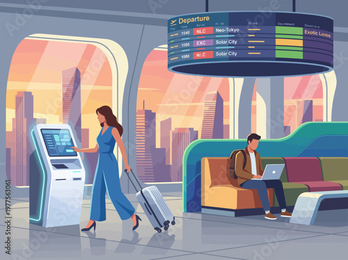 Εκτύπωση καμβά This lively depiction of an airport departure lounge shows travelers checking in and relaxing, highlighting the blend of technology and comfort in travel environments
