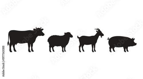 Silhouettes of farm animals standing.