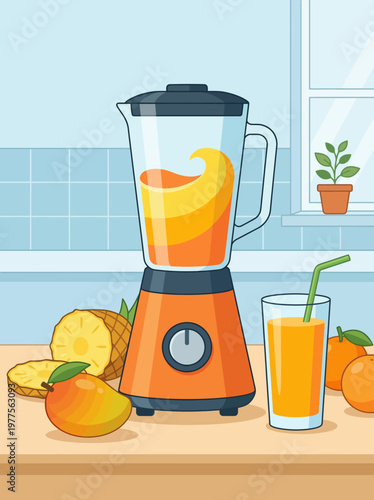 An appealing illustration showcasing a juice blender next to vibrant fruits, highlighting the freshness and healthiness of homemade juice in a cheerful kitchen setting.