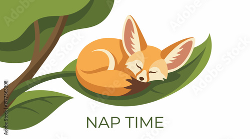 An adorable illustration of a fox peacefully curled up on a leaf, embodying the essence of rest and tranquility in nature, perfect for conveying relaxation and contentment.