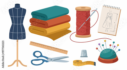 This image showcases essential sewing tools including fabric rolls, sewing thread, a mannequin, scissors, and various tailoring supplies, ideal for fashion designers and enthusiasts.