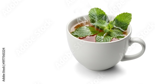 Steaming cup of hot tea with fresh mint leaves isolated on white background.