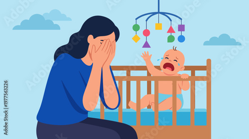 A mother with her face buried in her hands expresses overwhelming emotions as her crying baby reaches out from the crib, reflecting feelings of stress and frustration.