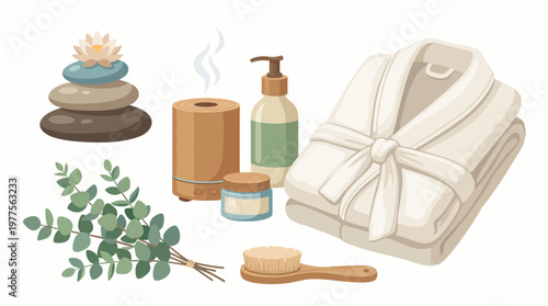 This image showcases spa essentials like towels, stones, essential oils, and a diffuser, creating a serene atmosphere for relaxation and self-care at home.