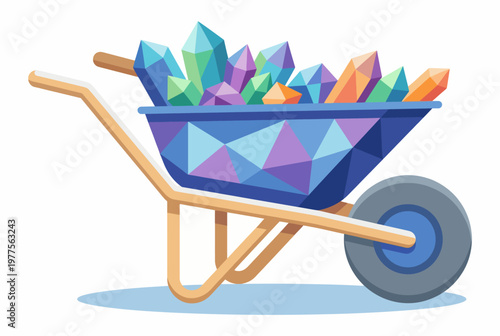 This vibrant wheelbarrow showcases a variety of colorful crystals, blending realism with a whimsical artistic style, evoking emotions of curiosity and wonder.