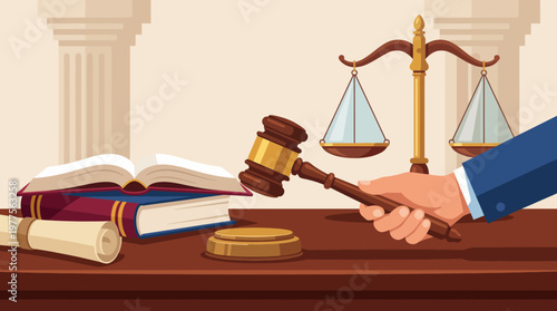 This image depicts a legal gavel, scales of justice, and law books on a table, emphasizing themes of justice, authority, and legal proceedings in a professional setting.