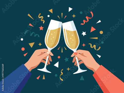 Two hands raise champagne glasses in a toast, surrounded by festive decorations, symbolizing celebration, joy, and togetherness during special moments and events.