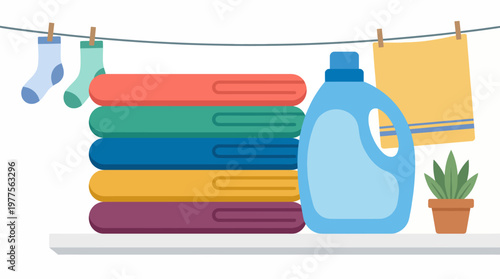 A vibrant assortment of folded towels and laundry detergent is displayed, symbolizing cleanliness and home care in daily household chores and laundry routines.