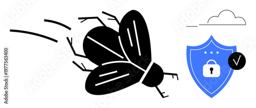 Cybersecurity concept. Cybersecurity protected by shield from bugs and system vulnerabilities. Cybersecurity preventing data breaches and digital threats. For IT, security, development, and risk