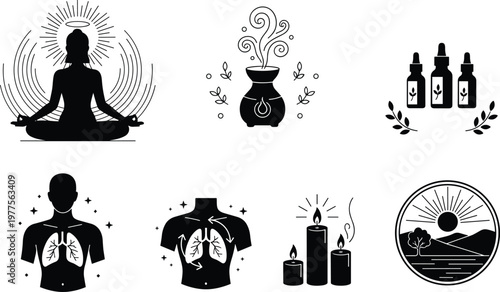 Wellness illustration, meditation, aromatherapy, essential oils, breathing lungs, candles, relaxation, nature landscape, mindfulness, holistic health, calmness, serenity