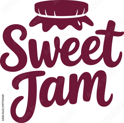 Sweet Jam typography illustration with jar lid icon for organic fruit preserve labels and decor