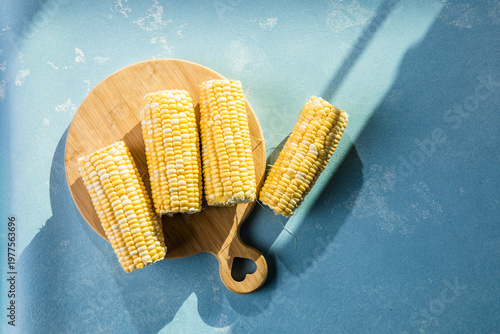 Closeup Ripe Fresh Corn on Table
