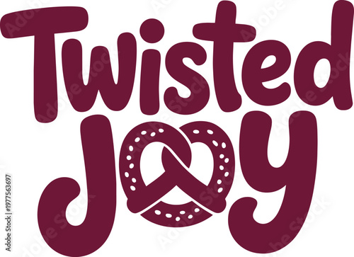 Twisted Joy phrase lettering with pretzel icon illustration in burgundy bubbly font style