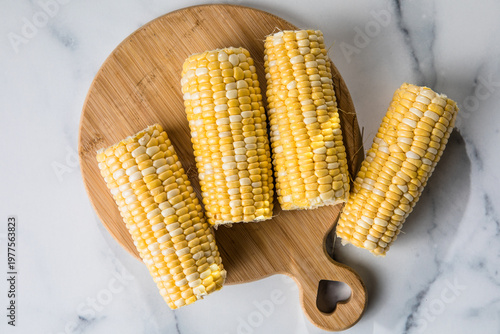 Closeup Ripe Fresh Corn on Table