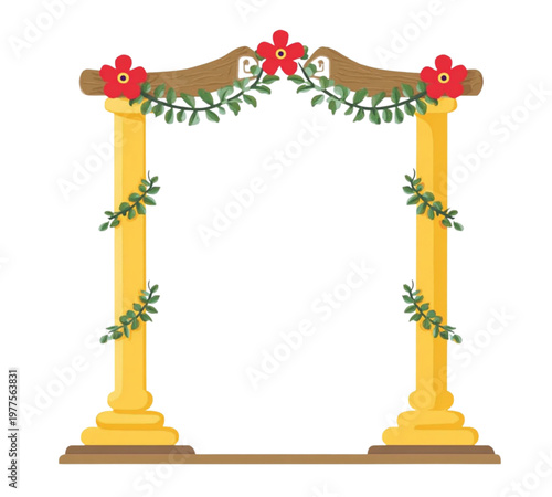 Golden floral mandap illustration for indian wedding invitation