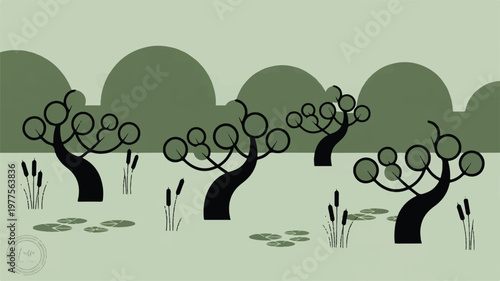 a serene landscape with trees and plants in a natural setting