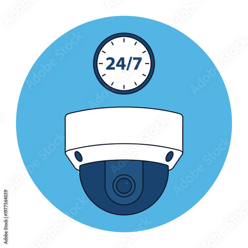 Round-the-clock Surveillance: A graphic illustration of a security camera, paired with a clock that depicts the phrase 24/7, symbolizes continuous monitoring.