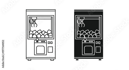 Two claw machines depicted in line art one white and one black silhouette