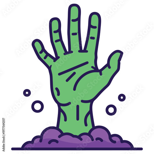 Zombie Hand Emerging: A vibrant cartoon depicts a green zombie hand clawing its way up from the earth, exuding a chilling Halloween atmosphere. 
