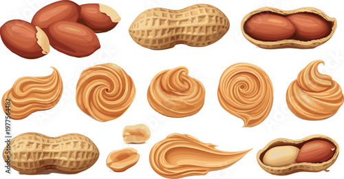 Peanut and peanut butter vector illustration set with whole nuts shells and creamy swirls food ingredient isolated on white background