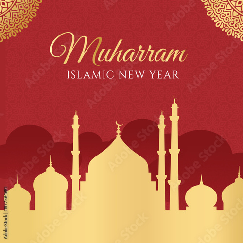 Muharram Islamic New Year greeting card, golden mosque silhouette on red background, elegant Arabic mandala pattern and calligraphy vector