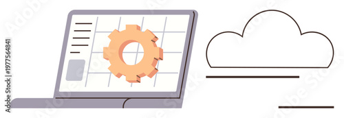 Cloud computing, data storage, IT solutions, digital workflow, data technology, automation. A laptop with a gear symbol and cloud icon. Cloud computing and data storage concept