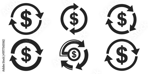 Refund money cycle icon set, vector illustrations representing cash back, returns, and financial transaction reversals, clean flat and outline design for e-commerce, banking, and business applications