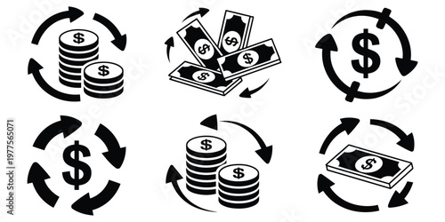 Refund money cycle icon set, minimal vector symbols of money return, refund process, and transaction cycles, modern design suitable for online shopping platforms, financial services, and UI graphics.