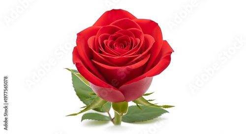 Elegant single red rose bloom with green leaves on white background, romantic flower.