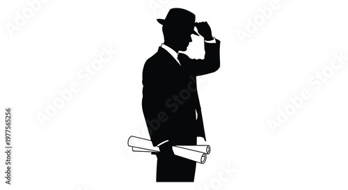 A man in a suit tipping his hat holding blueprints silhouette