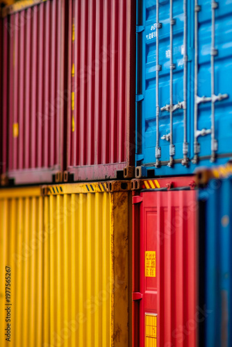 Colorful shipping containers piled high in a vibrant display. vertical frame