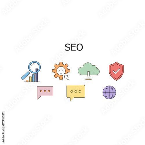 Key elements of search engine optimization illustrated with icons