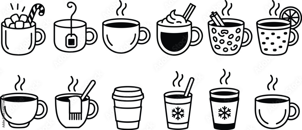 Obraz premium Cozy Hot Drinks Collection in Stylized Cups and Mugs, Warm Beverage Vector Illustration with Coffee, Tea, Cocoa, Latte, Winter Comfort Drinks Set for Cafe Menu, Web Design, and Branding