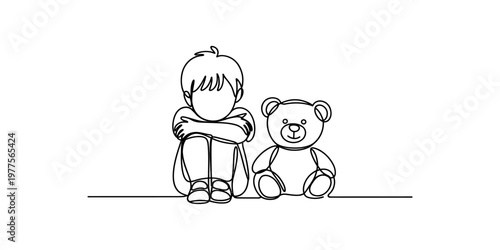 Continuous line art illustration of a lonely child sitting next to a teddy bear