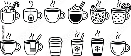 Cozy Hot Drinks Collection in Stylized Cups and Mugs, Warm Beverage Vector Illustration with Coffee, Tea, Cocoa, Latte, Winter Comfort Drinks Set for Cafe Menu, Web Design, and Branding