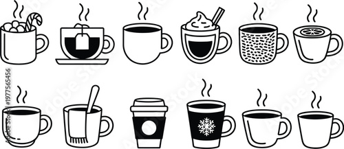 Cozy Hot Drinks Collection in Stylized Cups and Mugs, Warm Beverage Vector Illustration with Coffee, Tea, Cocoa, Latte, Winter Comfort Drinks Set for Cafe Menu, Web Design, and Branding