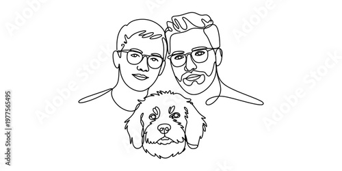 Minimalist one line art drawing of a gay couple with their pet dog on white background