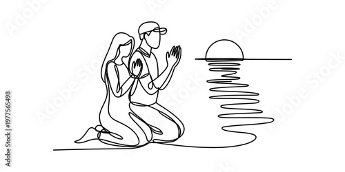 Continuous line art of a man and woman kneeling in prayer as the sun sets over the water.