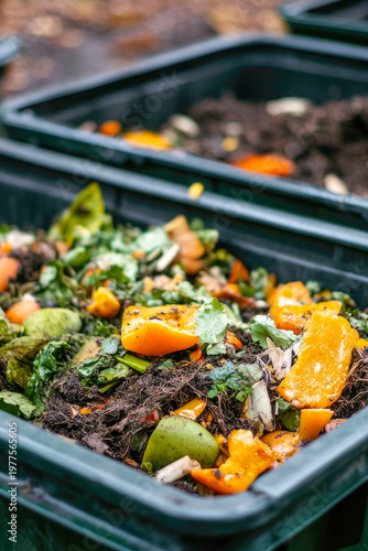 A collection of green bins filled with various types of food waste. vertical frame