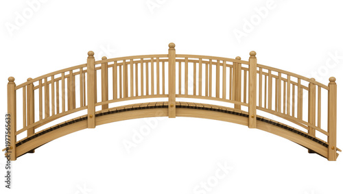 Obraz na płótnie Isolated wooden garden bridge with an arched design and traditional railings for
