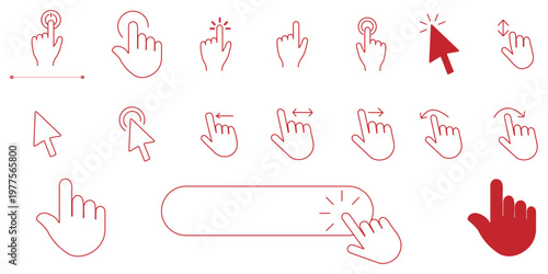 Hand cursor clicking icon in outline style. Black and white pointer finger symbol for website navigation, interactive buttons, and touch screen gestures. Modern UI design