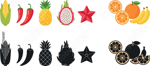 Tropical fruits and vegetables icons vector set including pineapple dragon fruit citrus banana chili pepper and corn with silhouette variations
