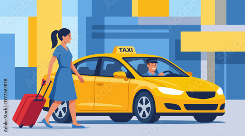 This contemporary illustration depicts a yellow taxi waiting at an urban transportation hub, symbolizing convenience and modern city life with a touch of movement.