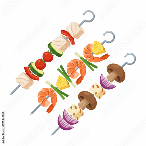 A mouth-watering image of colorful skewers filled with shrimp, vegetables, and meat, perfectly styled for a summer barbecue, inviting gatherings and delicious moments.
