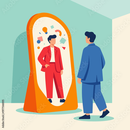 An illustration of a man standing before a mirror that reflects a creative version of himself, symbolizing self-reflection, identity, and personal growth.