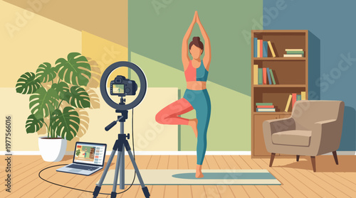 An illustration of a woman practicing yoga at home, set up with a camera and laptop for online instruction, emphasizing health, wellness, and mindful living.