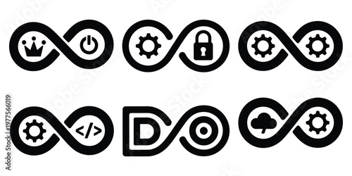 Infinity loop icon set, vector illustrations of endless loops, continuous cycles, and eternity symbols, clean flat and outline design for apps, websites, and workflow or process visualization.